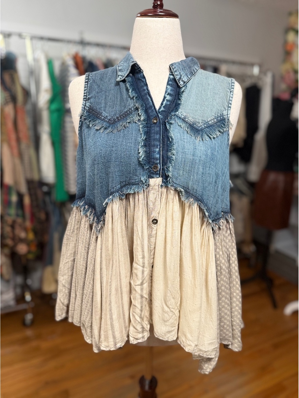 YOUNG THREADS Latte Distressed Denim Boho Western Tunic Top NWT XL